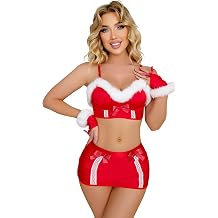 Christmas Lingerie Set Velvet with Santa Hat, Lace Babydoll Dress with Thongs Sexy Nightwear Christmas Sleepwear
