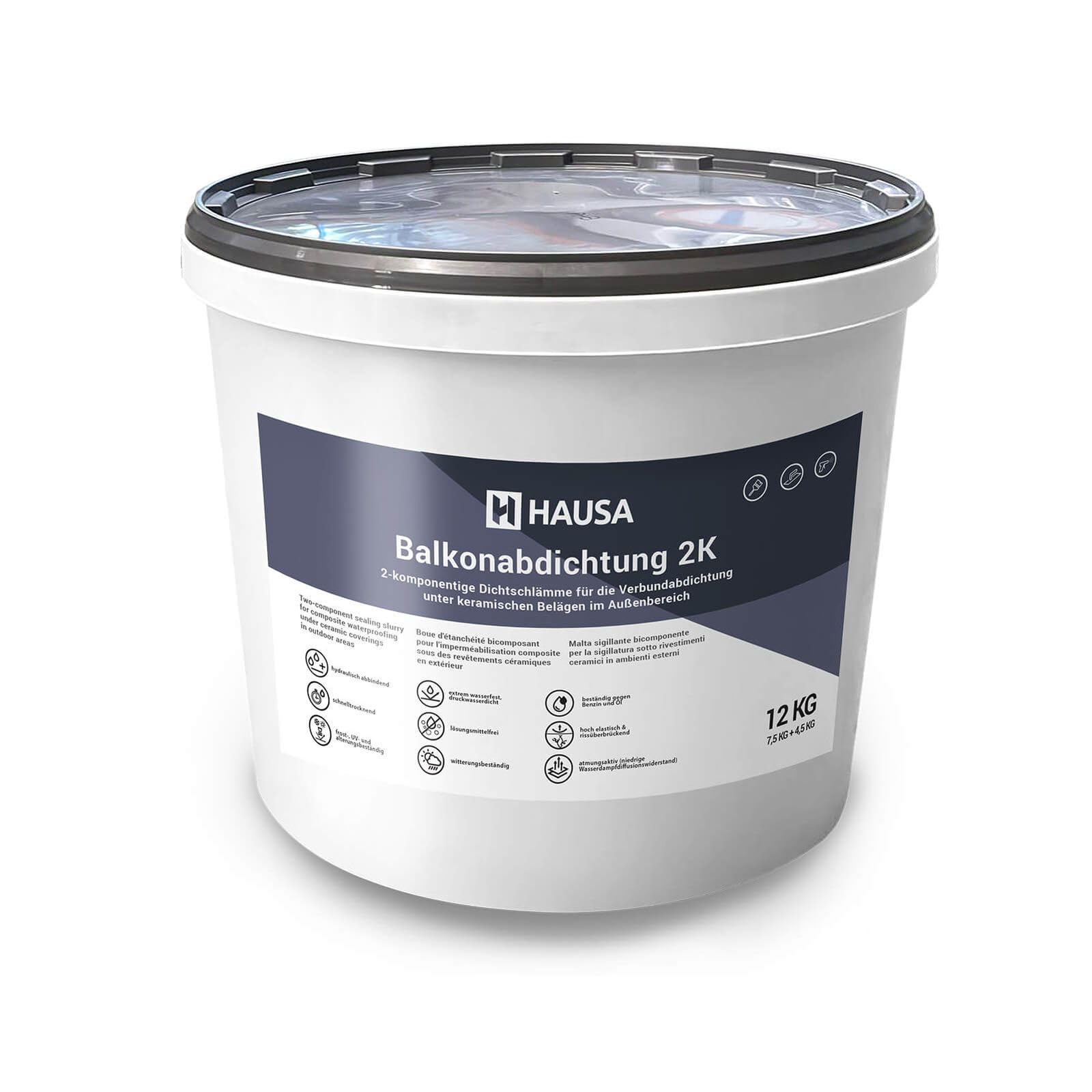 Hausa Balkonabdichtung 2K, 12kg flexible Dichtschlämme zur Abdichtung von Balkon, Terrasse, Bad, Dusche, Keller, Fundamente; Dichtungsmasse für Außenbereich, frost-, UV- und alterungsbeständig
