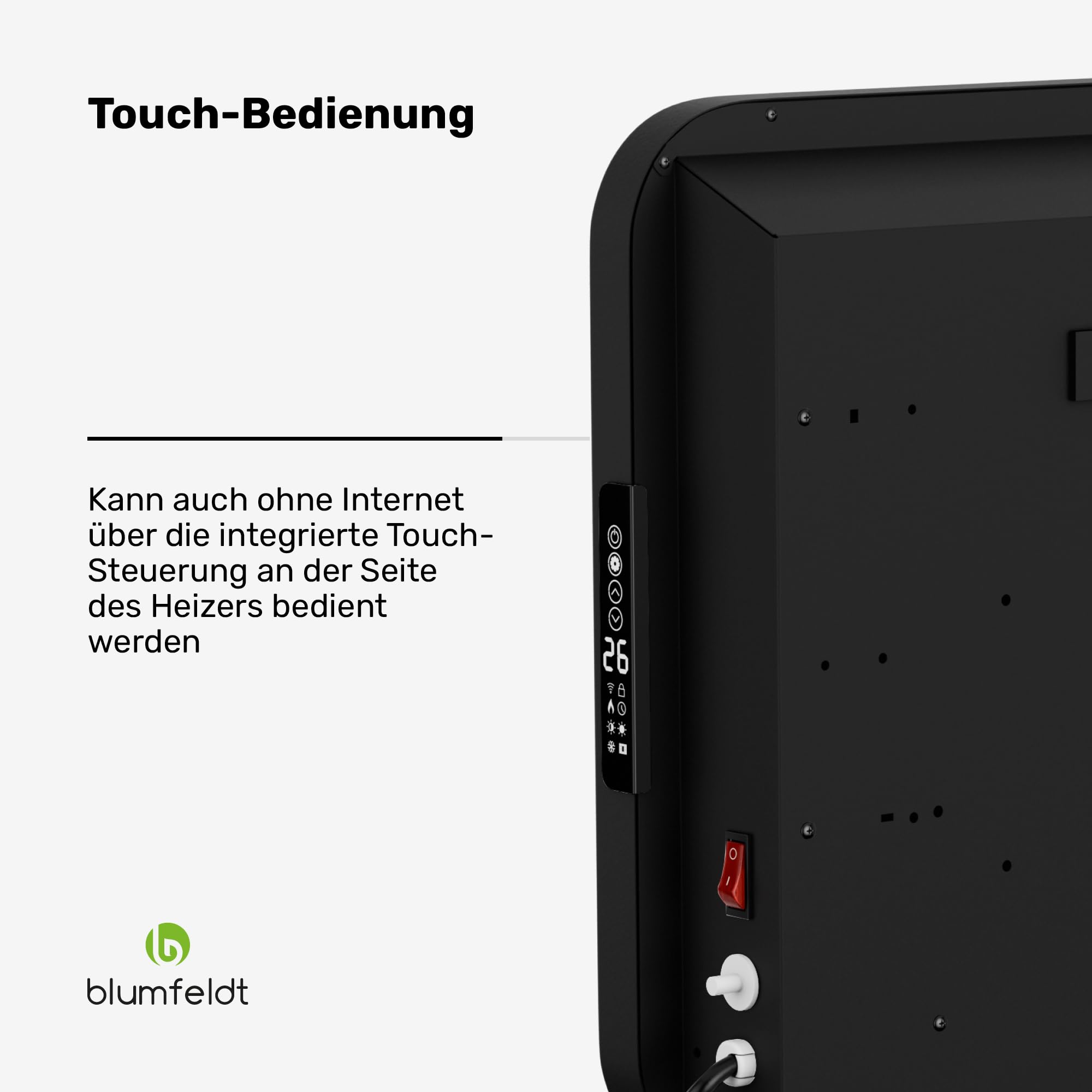 Blumfeldt Infrarotheizung 2000 W – Wandmontage & Standgerät, Graphen-Heizelement, App & Touch-Steuerung, Thermostat, IP24, Überhitzungs- & Umkippschutz, für Räume bis 20 m², Schwarz