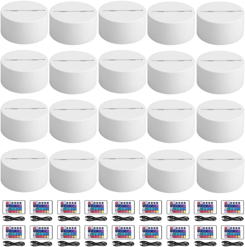 20-Pack 3D Night LED Light Lamp Base, Large Size Base Includes Remote Control + USB Cable, 7 Colors Decoration Maison Decorative Lights for Bedroom Child Room Living Room Bar (White)