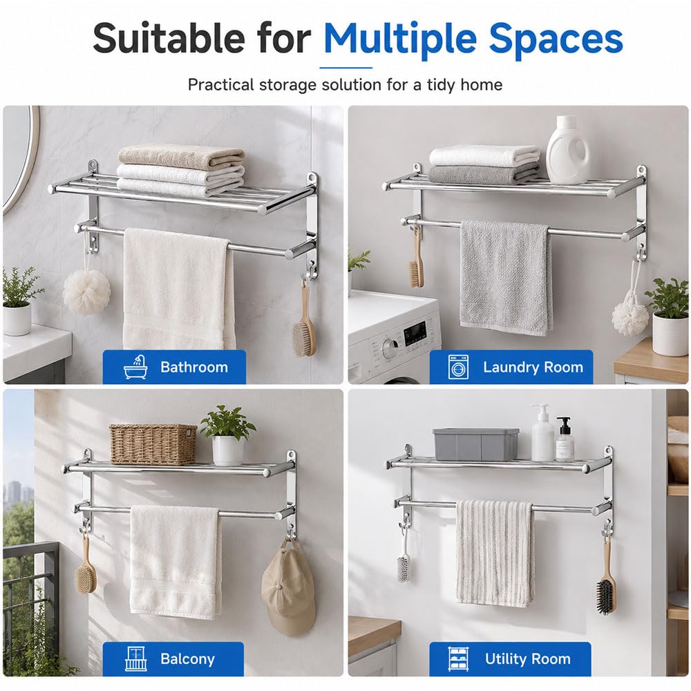 Porta Asciugamani da Parete 2 Livelli con Mensola, con Ganci e Viti | Portasciugamani Bagno Allungabile 43-76 cm, Porta Salviette da Muro Acciaio Inox, per Bagno, Cucina, Hotel (Argento)