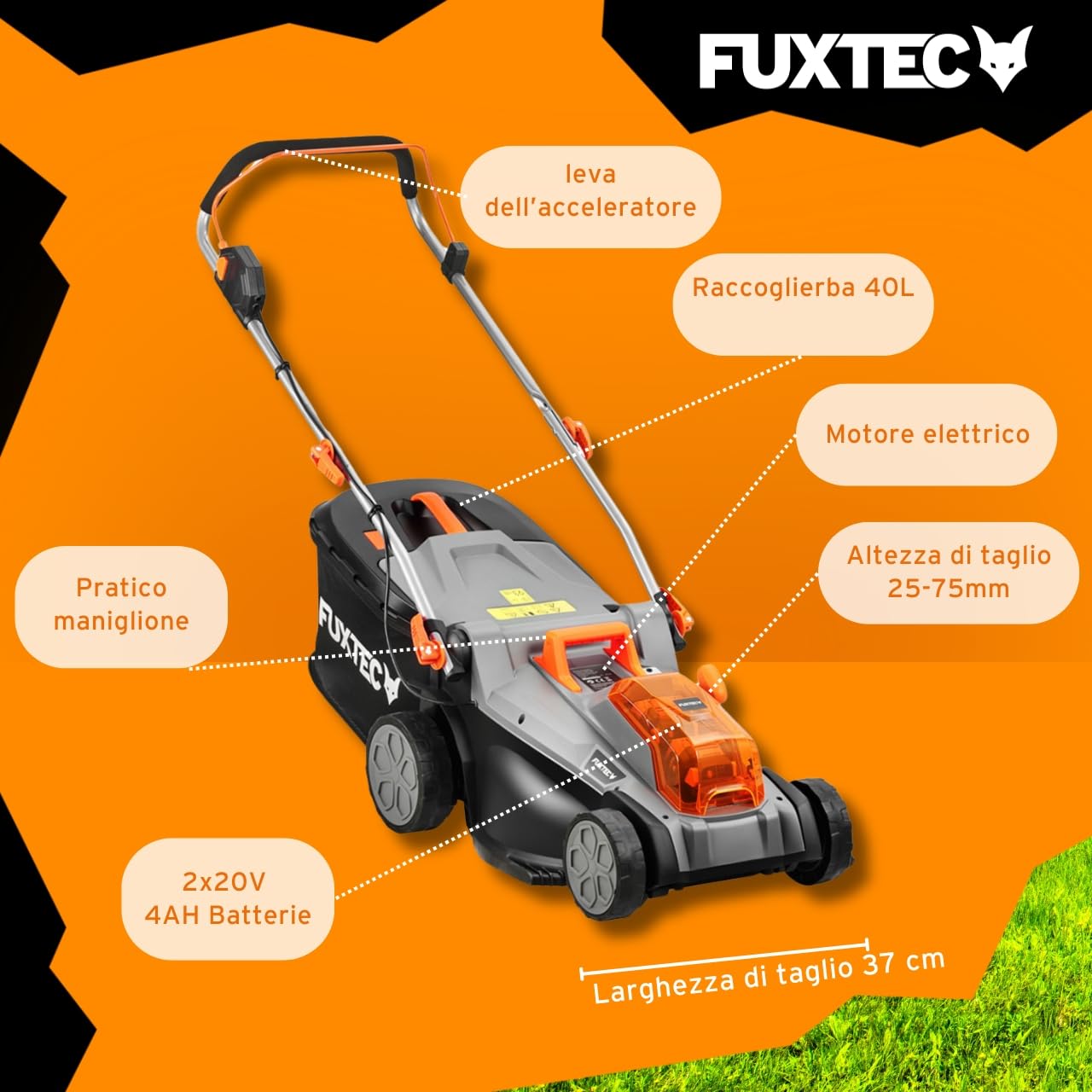 Tagliaerba Elettrico a Batteria FUXTEC E2RM37-40V (2x20V), Larghezza di Taglio 37cm, Altezza Regolabile, Senza Fili – Set con Batteria e Caricabatterie Inclusi