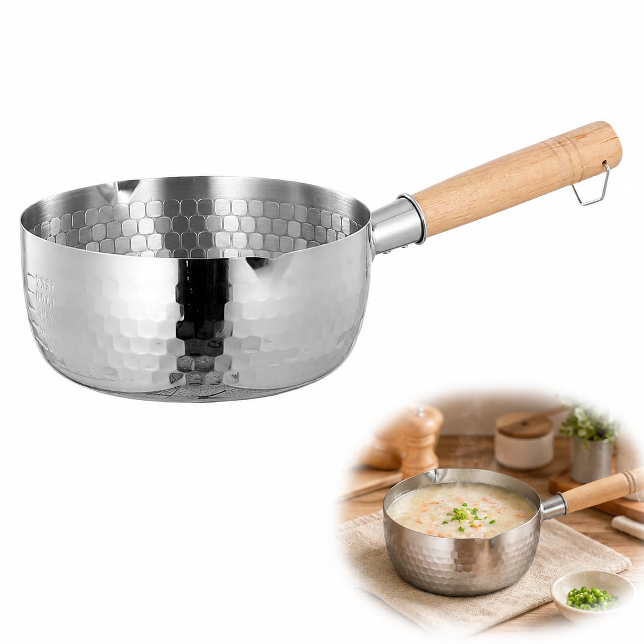 DOITOOL Olla de leche de acero inoxidable con mango de madera de 15.00 pulgadas para cocinar fideos, comida para bebés, salsa y agua hirviendo, anillo colgante, almacenamiento de utensilios de cocina