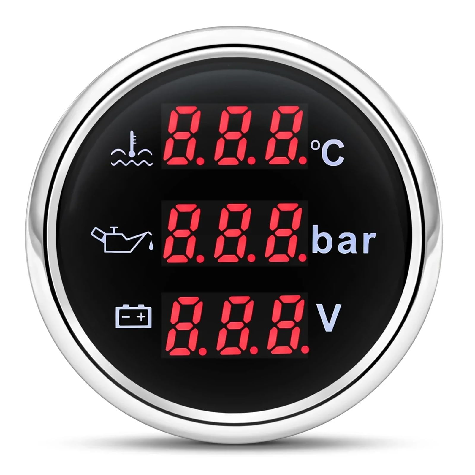 3-in-1-Autoanzeige: Wassertemperatur + Öldruck + Voltmeter, 52 mm digitale, wasserdichte Autoanzeige mit roter Hintergrundbeleuchtung Klare Messwerte(Black silver)