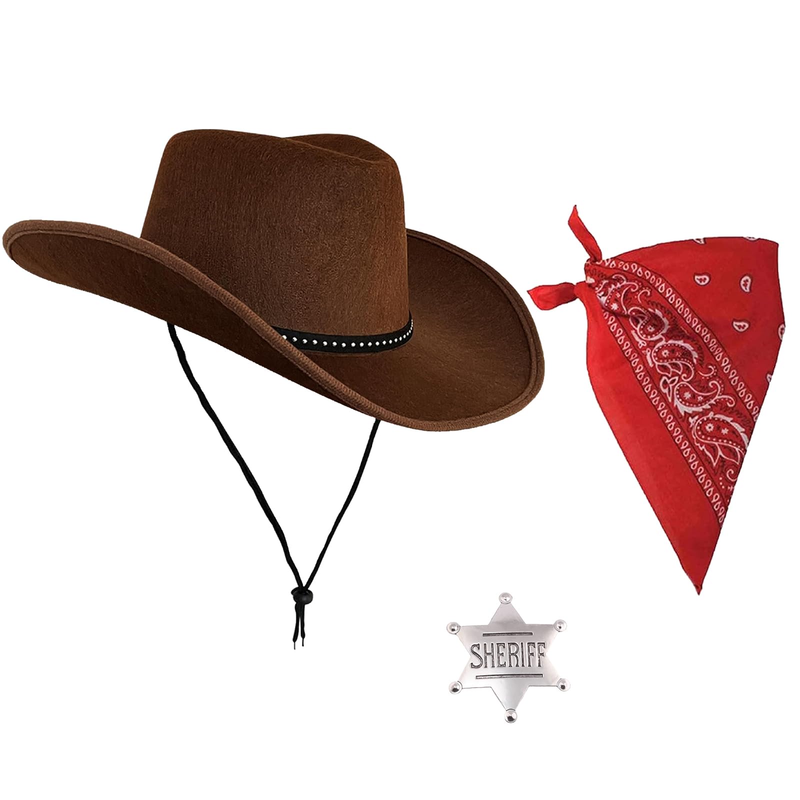 RenSton 3 PCS Cowboy Hat Set, Brown Western Hat with Silver Sheriff Badge, Red & Black Paisley Bandana, Cowboy Accessories for Women Men Halloween Birthday Cosplay Party