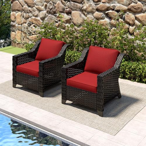 Image of Patio 2 Pieces Wicker Chairs Set of 2,Outdoor PE Rattan Armchairs, Water-Resistant Cushions with Removable and Washable Covers, Porch, Balcony, Sunroom (Red) | Patio Chair Set with Olefin Removable Cushion, All-Weather Armchairs with Deep Seat for Porch, Deck and Backyard, Red
