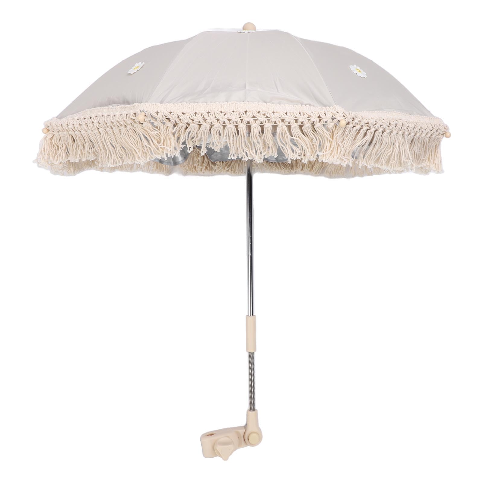Ombrellone parasole per bambini, resistente ai raggi UV, per bambini, spiaggia, con nappe per passeggino, passeggino, tribune (beige con piccolo crisantemo)