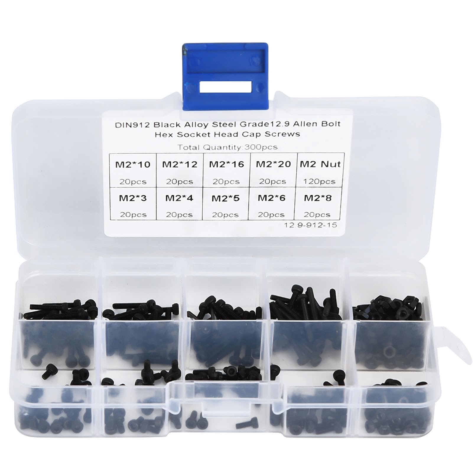 300pcs M2 x 3-20mm 12.9 grado nero esagono incassato bullone e kit dado bulloni a testa bombata in acciaio legato
