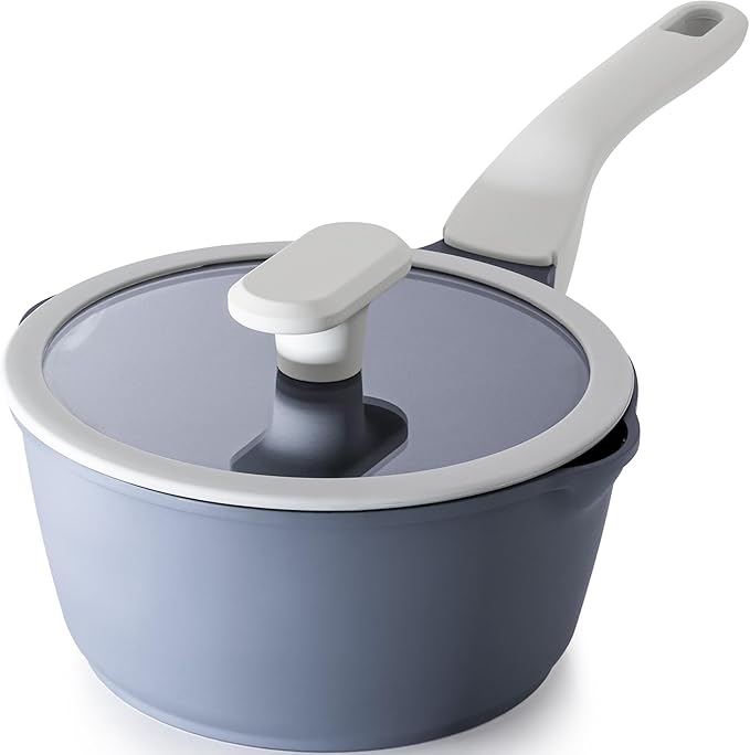 PRICUSIS coconut white ceramic 2-quart saucepan with twin pour spouts and glass lid