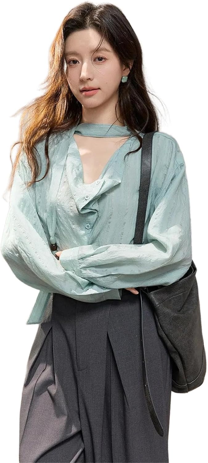 HSQIBAOER Women's Halter Neck Shirts Ribbon Spring Draped Front Casual Loose Office Shirt for Ladies