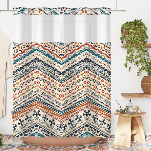 Yanutan No Hook Shower Curtain,Orange Bohemian Double-Layered Shower Curtain with