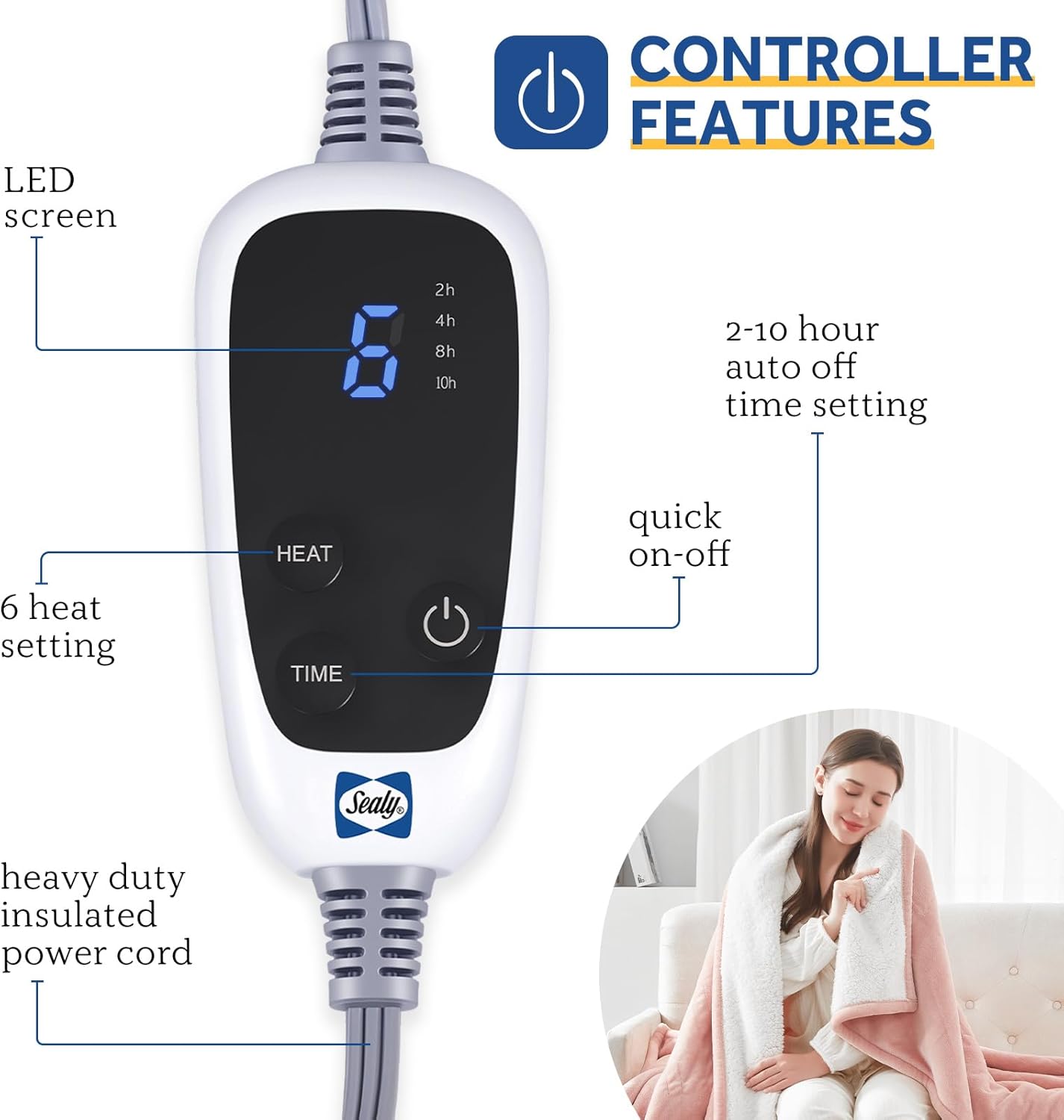 Sealy Heated Throw Blanket, Flannel & Sherpa Electric Throw with 6 Heat Setting & 2-10 Hours Auto Shut Off, Fast Heating & Machine Washable, 50x60 Inch, Pink - Image 2