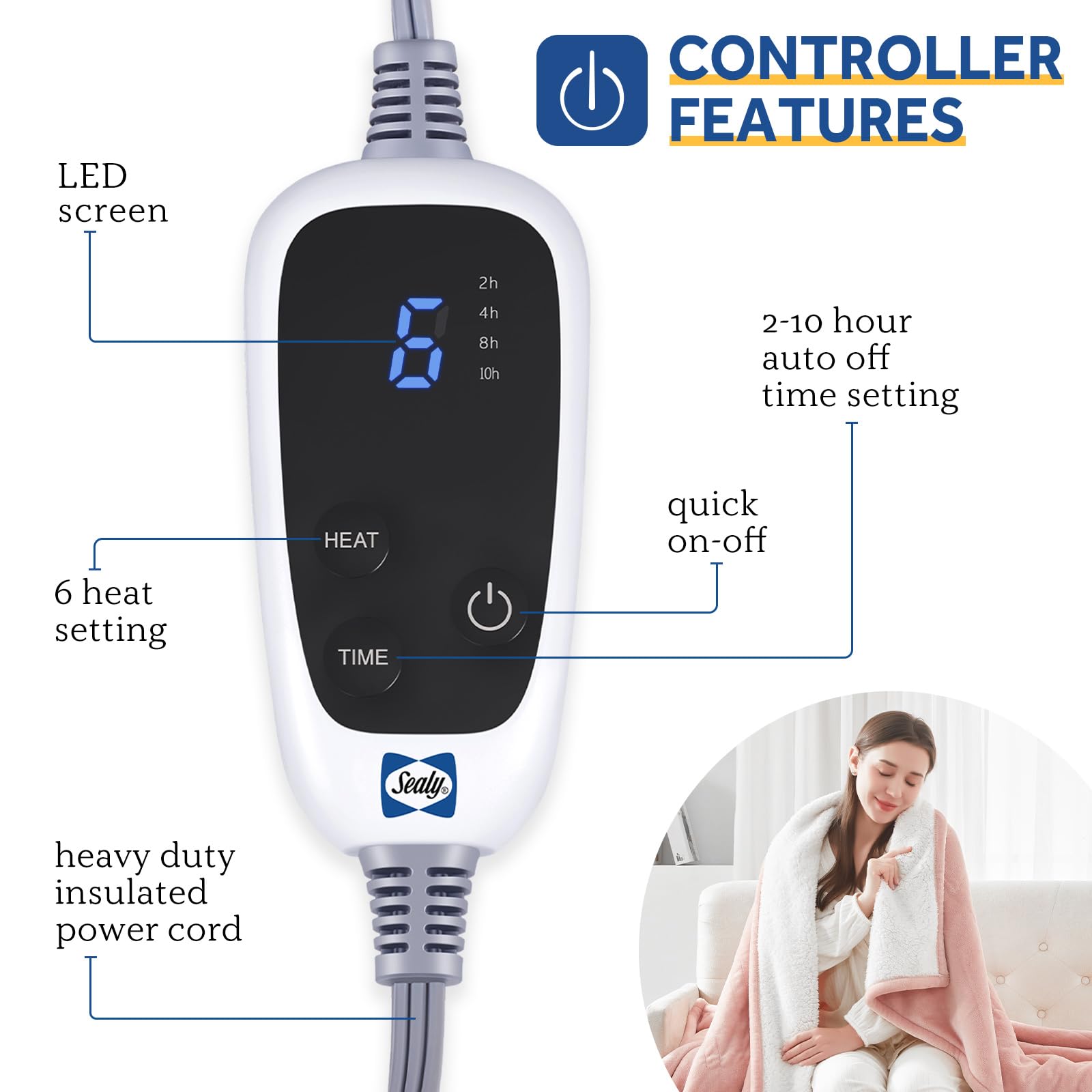 Sealy Heated Throw Blanket, Flannel & Sherpa Electric Throw with 6 Heat Setting & 2-10 Hours Auto Shut Off, Fast Heating & Machine Washable, 50x60 Inch, Pink