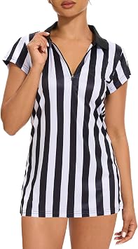 VKT Referee Dress Shirt Womens Zipper Collar Umpire Jersey Ref Costume Outfit for Basketball Football Hockey Halloween