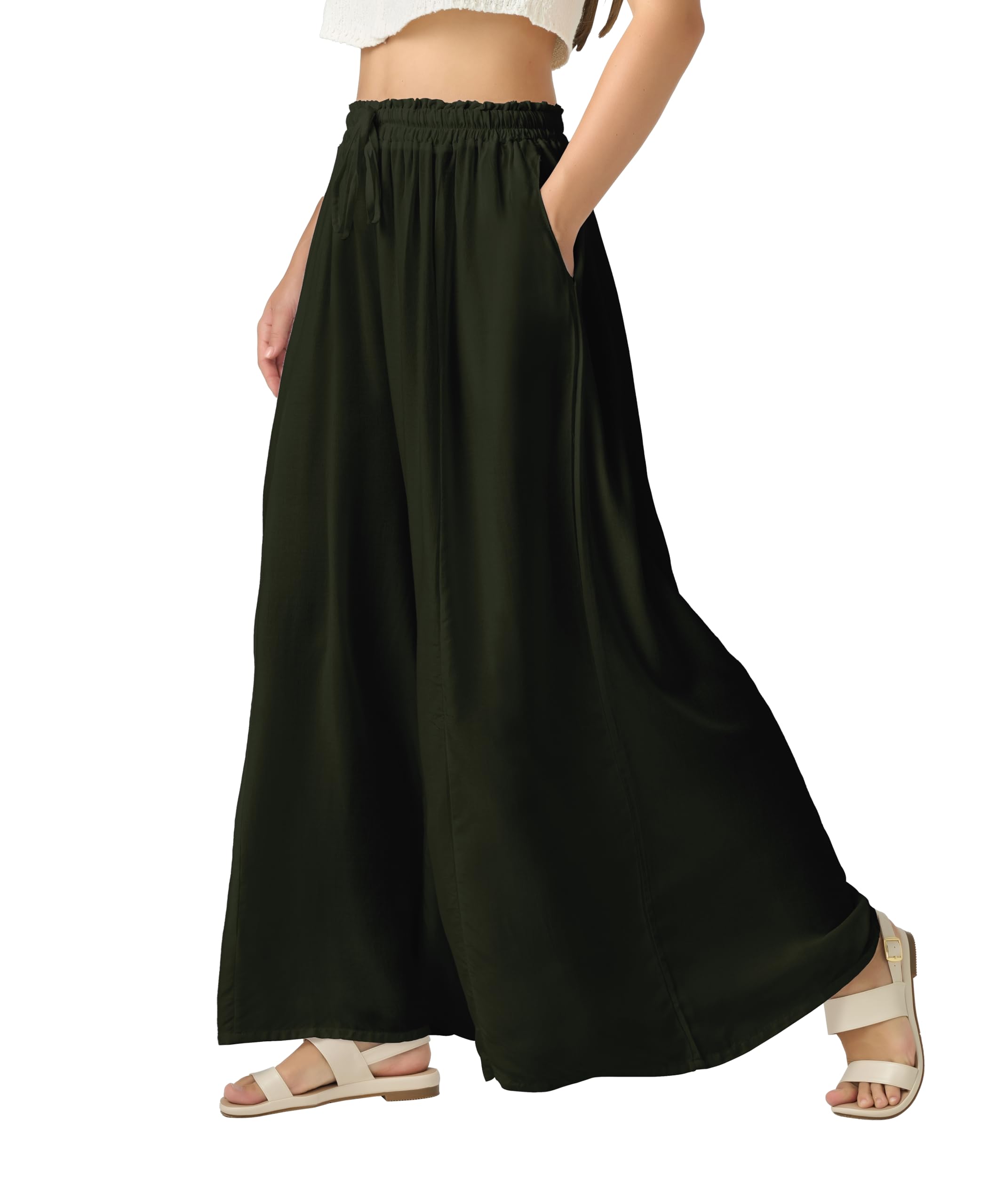 Joob Joob Palazzo Pants for Women - Wide Leg Flowy Plus Size Dress Pants - Elastic Stretch Waist Womens Trousers with Pockets