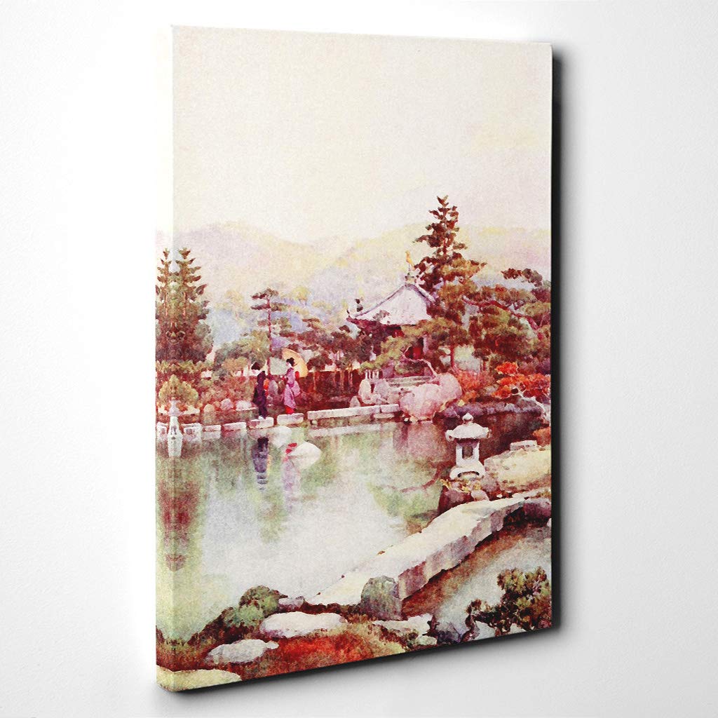 Ella Du Cane Japanese Oriental A Landscape Garden Canvas Print | Gallery Wrapped 30mm Frame Wall Art | 20x14 inches | Ready to Hang | Asian Floral Picture | Living Room Bedroom Lounge Office