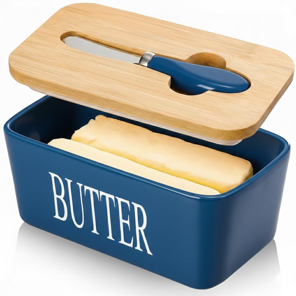 L'eanourz® Ceramic Butter Dish with Wooden Large Butter Box Container Keeper Storage with Stainless Steel Butter Knife Spreader, Multi (Butter Box - Navy Blue)