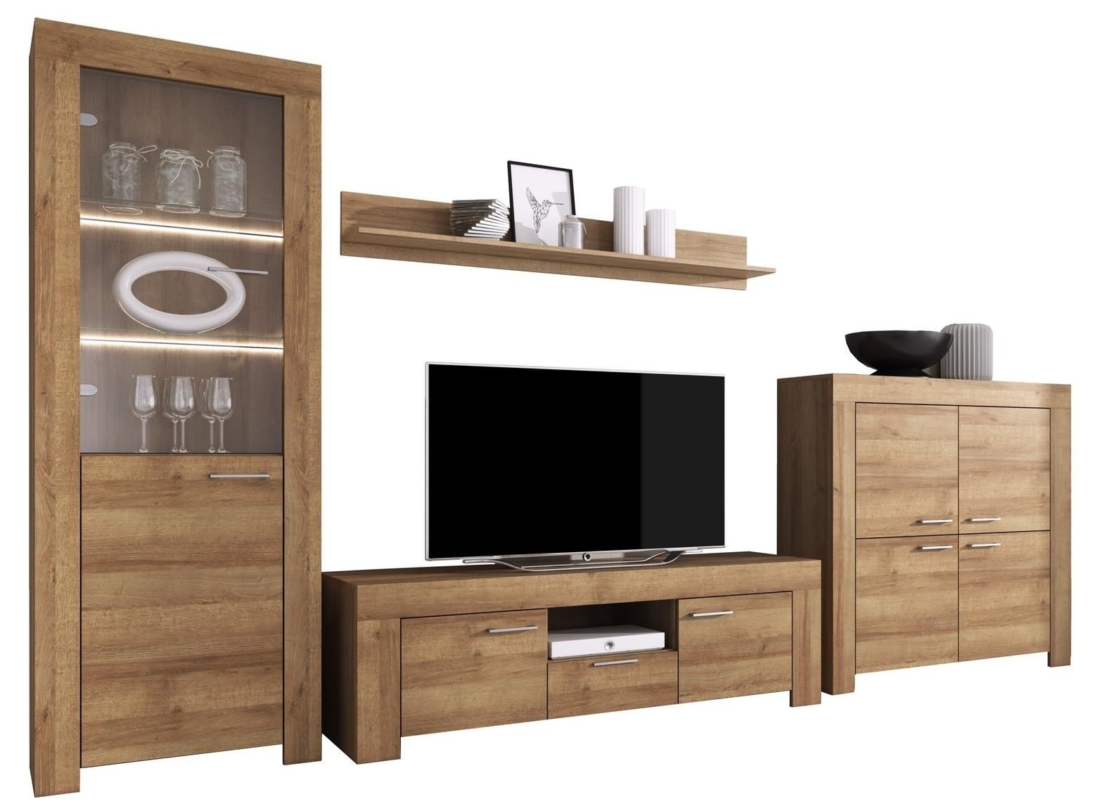 Furniture24 Wohnwand Anbauwand Sky - Tv Schrank Vitrine mit LED Beleuchtung Hängeregal Kommode (Riviera Eiche)