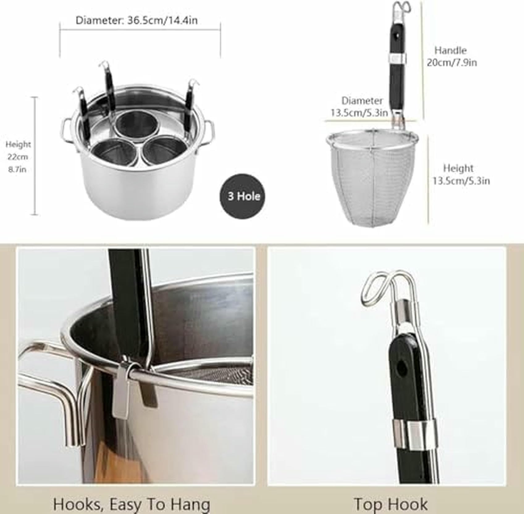 Pentola per zuppa Multifunzionale con colino, utensile per Cucinare la Pasta con cestelli per colino, pentole per Pasta 3/4/5 Fori in Acciaio Inox, pentola per cuocere la Pasta con cestello~/