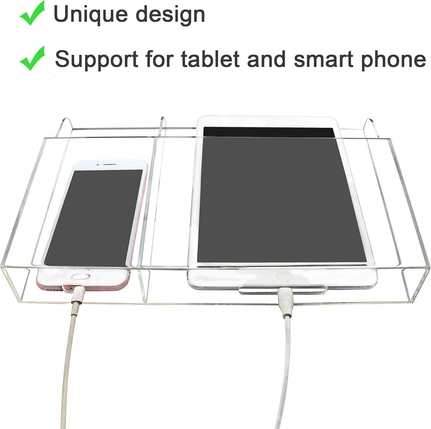 Yoillione Wall Mount Tablet and Phone Charging Stand for Tablet, Smartphone, E-Book, 2 Slots Remote Control Holder for TV, Clear Acrylic Remote Storage Media Organizer Box - Product 2.0 Size Upgrade