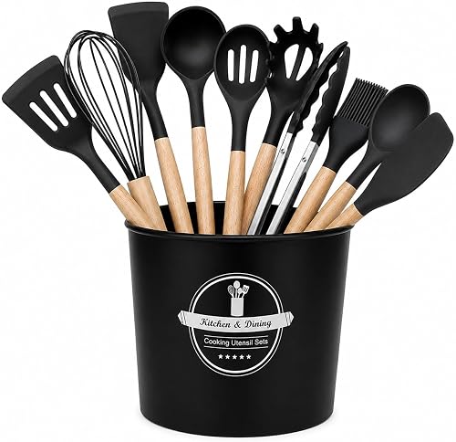Black 12-Piece Silicone Kitchen Utensil Set with Wooden Handles & Storage Holder, Heat-Resistant Non-Stick Cooking Tools