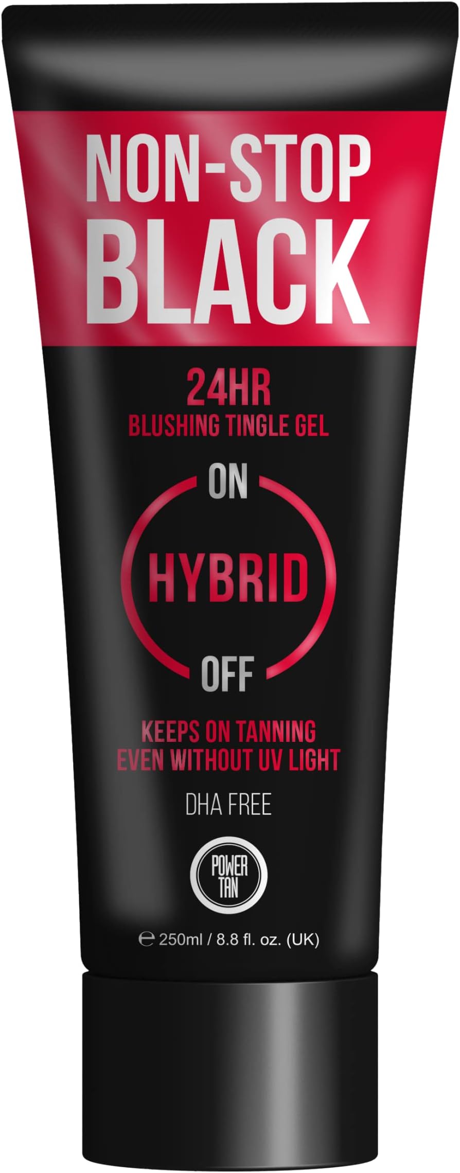 Power Tan Non-Stop Black Tingle Gelee – DHA Free Sunbed Tanning Accelerator with Algotan-P, Tinted Gel for Dark Tan, Warm Glow, Peach Scented, UV Hybrid Tanning Cream – 250ml