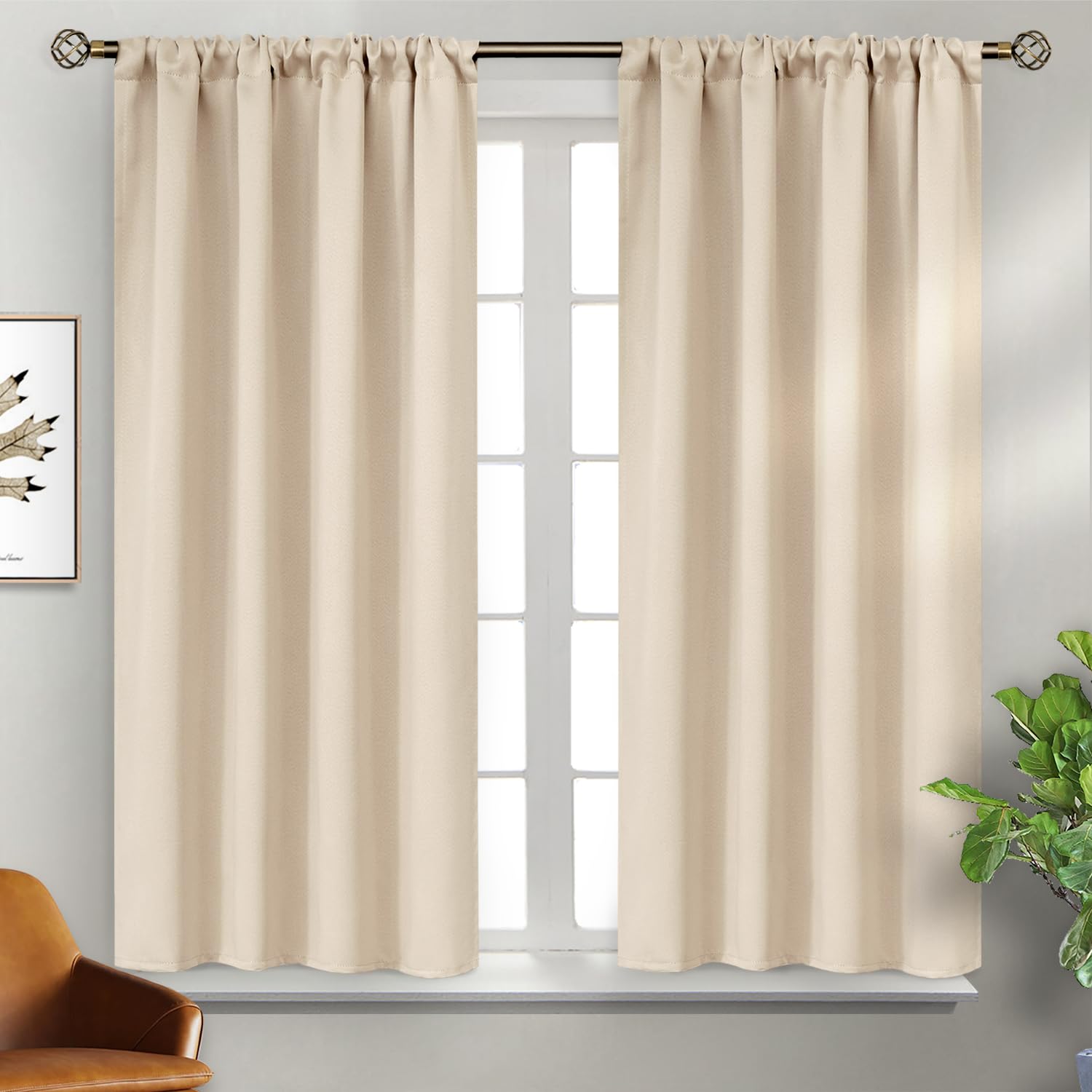 BGment Short Blackout Curtains 48 Inch Length - Thermal Insulated Drapes with Rod Pocket Privacy Darkening for Bedroom Living Room, 2 Panels, Champagne, 42 X 48 Inch