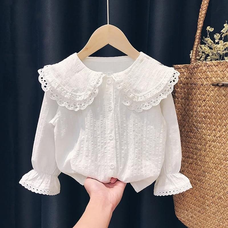 ASHER FASHION Girls Kids Peter Pan Collar Blouse Toddler Cute Puff Long Sleeve Botton Down Shirt Casual Cotton Tops3