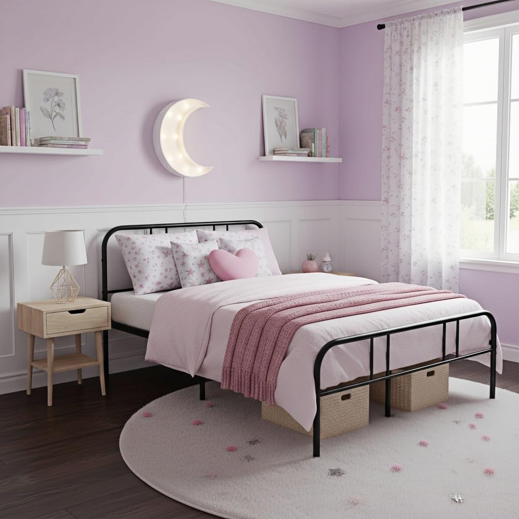 Métal Cadre de Lit Double 140x190 cm, Structure en Métal, Sommier à Lattes Robuste et Durable, avec Tête et Pied, Facile à Monter, Nombreux Rangements sous Le Lit, Noir