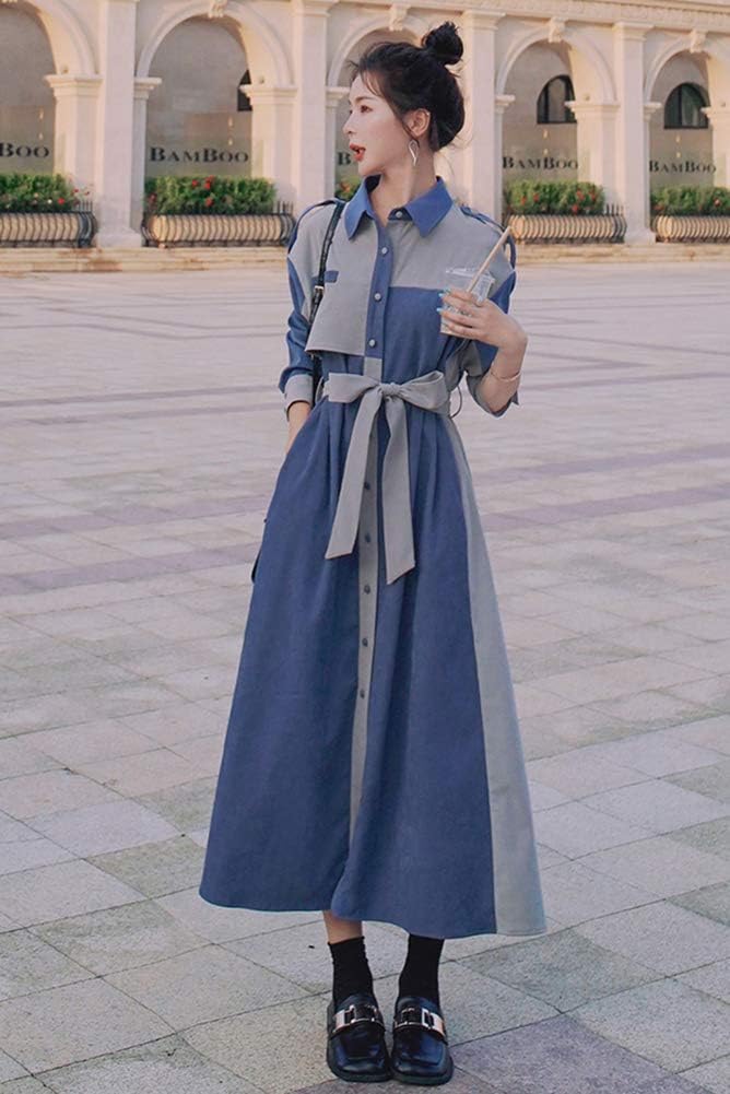 [CHUBIK] ロングワンピース 春 秋 レディース ワンピース ミモレ丈 長袖 Aライン 体型カバー 着痩せ バイカラー 切り替え リボン おしゃれ カジュアル 通勤 XLサイズ