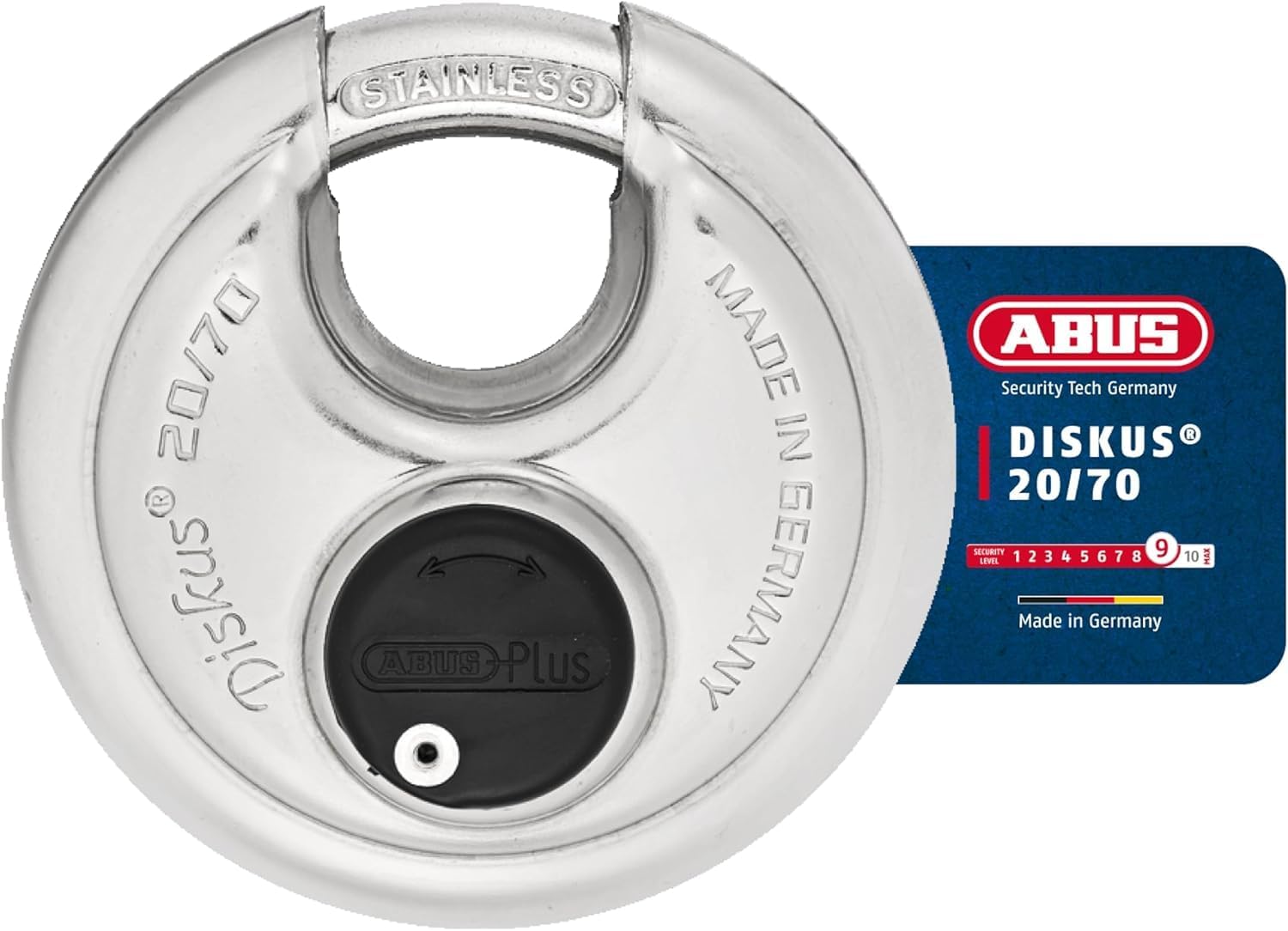 ABUS Diskus 20/70 Heavy Duty Stainless Steel Padlock - 70mm Cut, Drill & Rust Resistant for Outdoor Storage Security