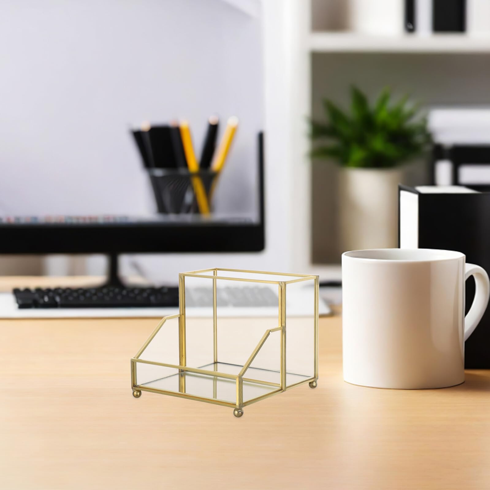 Tarjetero de Vidrio E Hierro con Marco Dorado para Escritorio | Borde Dorado Elegante, Uso en Mesa y Oficina, Intercambio Rápido de Tarjetas