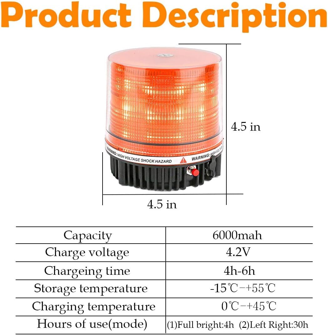 Torcia a LED senza fili ricaricabile – batteria arancione LED sul flash pericoloso lampada di avvertimento flash 12 V/24 V magnetica e presa di ricarica per camion veicolo (ambra)