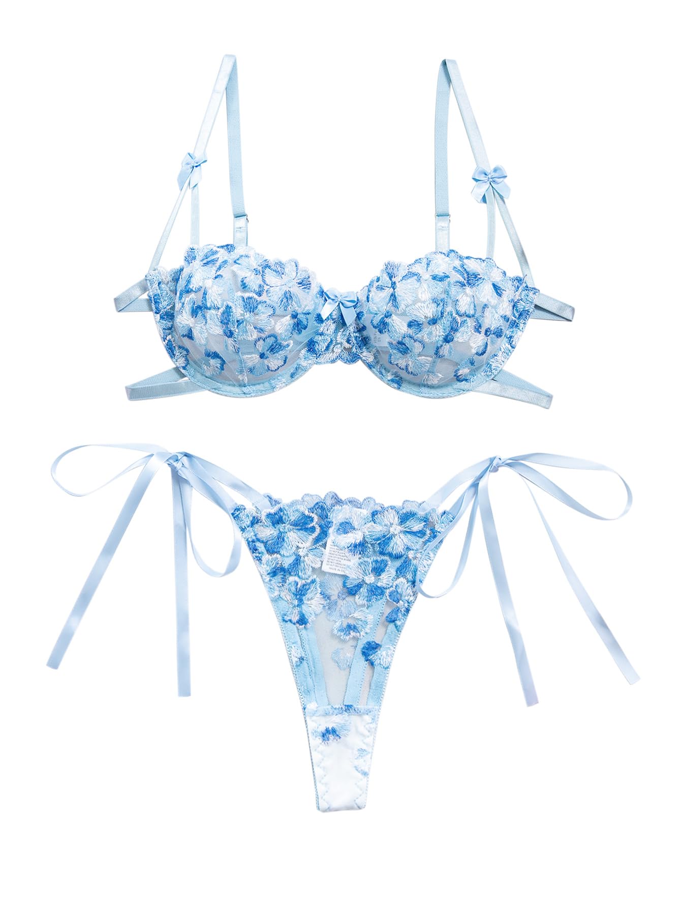 Lilosy Sexy Tie Side Cute Underwire Push Up Strappy Embroidered Mesh Sheer Lingerie Set: Bow 2X-Small Bow Plant Blue