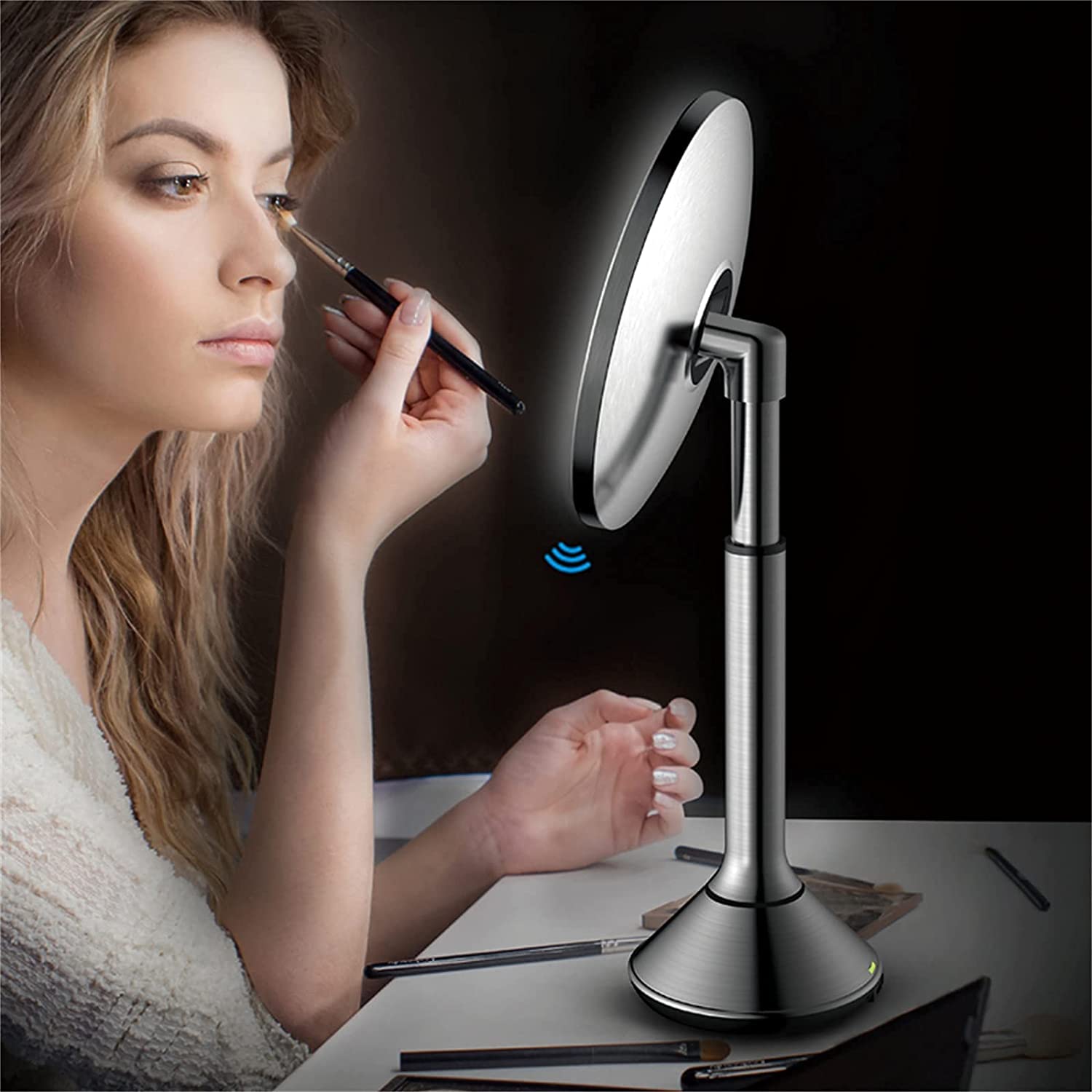 Espejo de Maquillaje de Mesa LED inductivo de Mano, Espejos de tocador de encimera de 8 Pulgadas con luz, Espejo cosmético Iluminado con rotación de Aumento 5X, CP (BR A) (BR A)