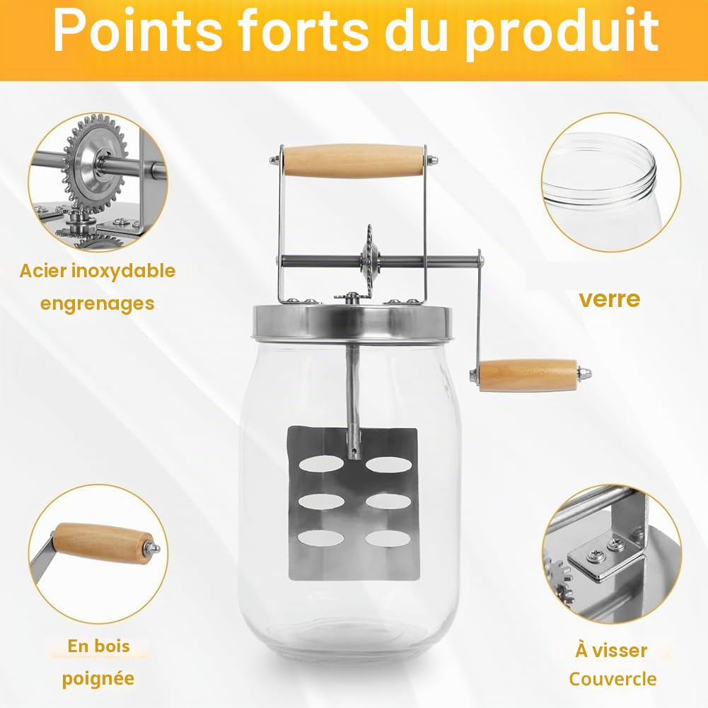 Baratte à Beurre en Verre de 1,5 L, Grande Capacité de 52 Onces Liquides, Baratte à Beurre à Manivelle, Pot, Baratte à Beurre