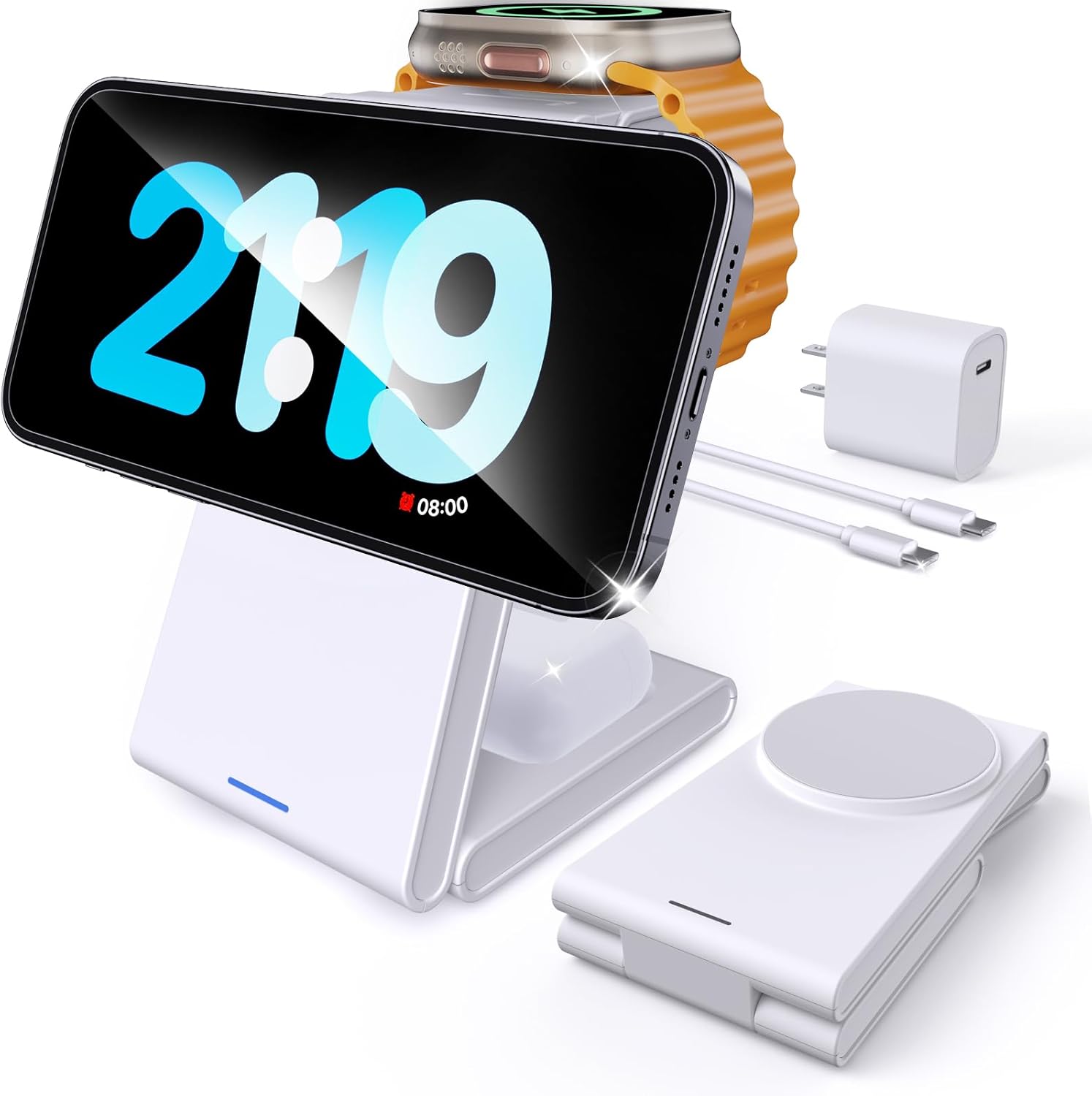 Foldable 3 in 1 Charging Station for Multiple Devices, Travel Wireless Charger for MagSafe Charger Stand, Magnetic Charging Stand for iPhone 16/15/14/13/12 for iWatch AirPods Pure White