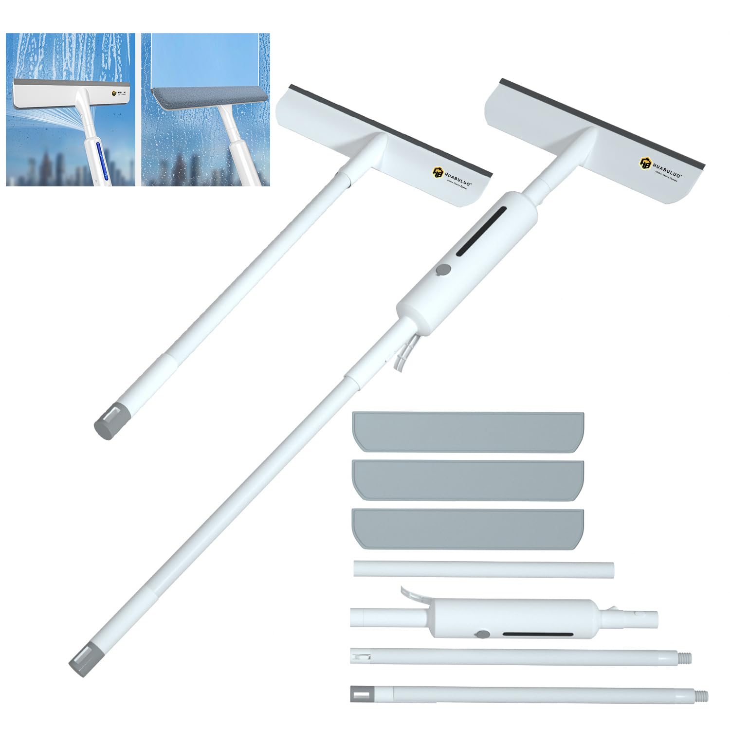 HUABULUO 3 in 1 High Window Squeegee Cleaner, 59'' Glass Window Cleaner with Spray Extension Rod and Rubber Lip (30 cm) for High Windows Cleaning Tools Indoor and Outdoor Bathroom Tiles (3 Wipe Pads)