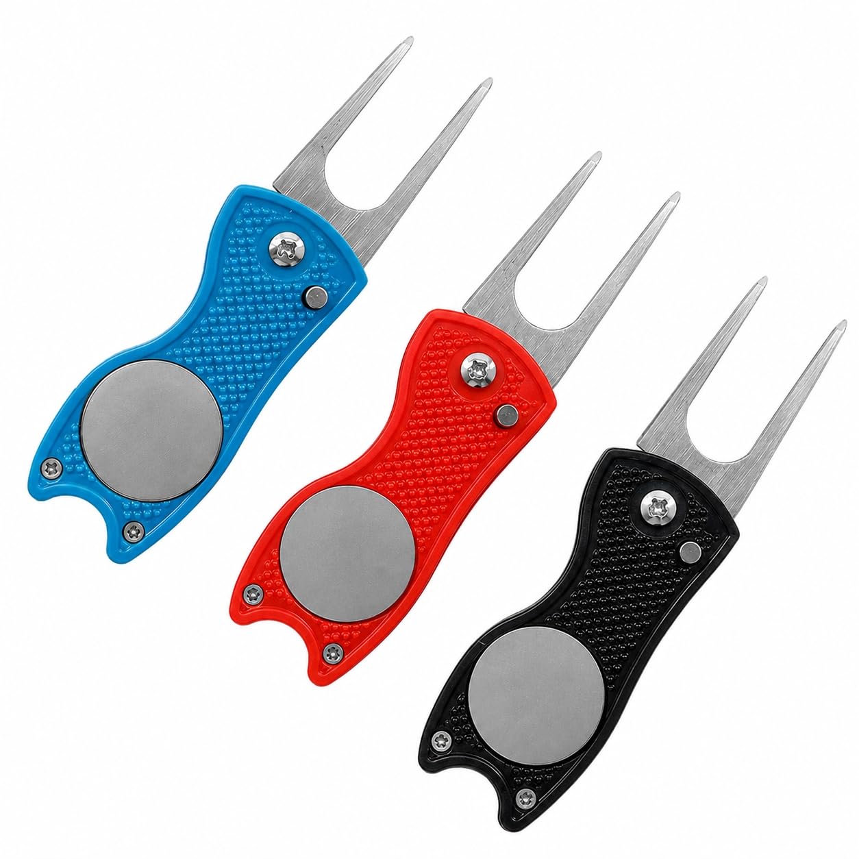 Lethra 3PCS Golf Pitch Repairer, Lightweight Mark Pitch Repair Tool, Golf Divot Tool with Magnetic Ball Marker and Pop up Button, Golf Gift for Professional Golfers (Blue, Red, Black)