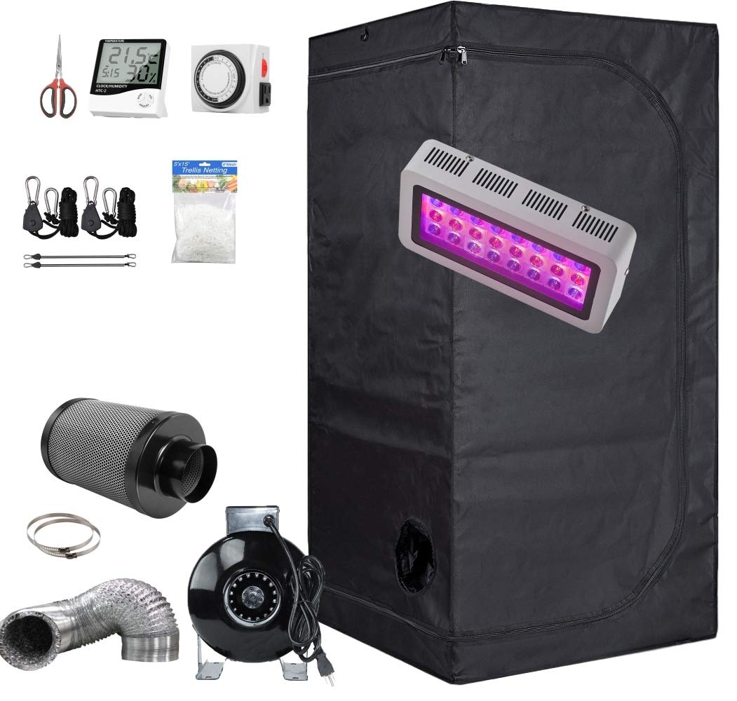 Grow Tent Room Complete Kit Hydroponic Growing System LED 300W + Dark Room+4"Inline Fan Filter Duct Combo +Horticulture Accessories(Plastic Connectors, 32''x32''x63'' Complete Grow Tent Kit)