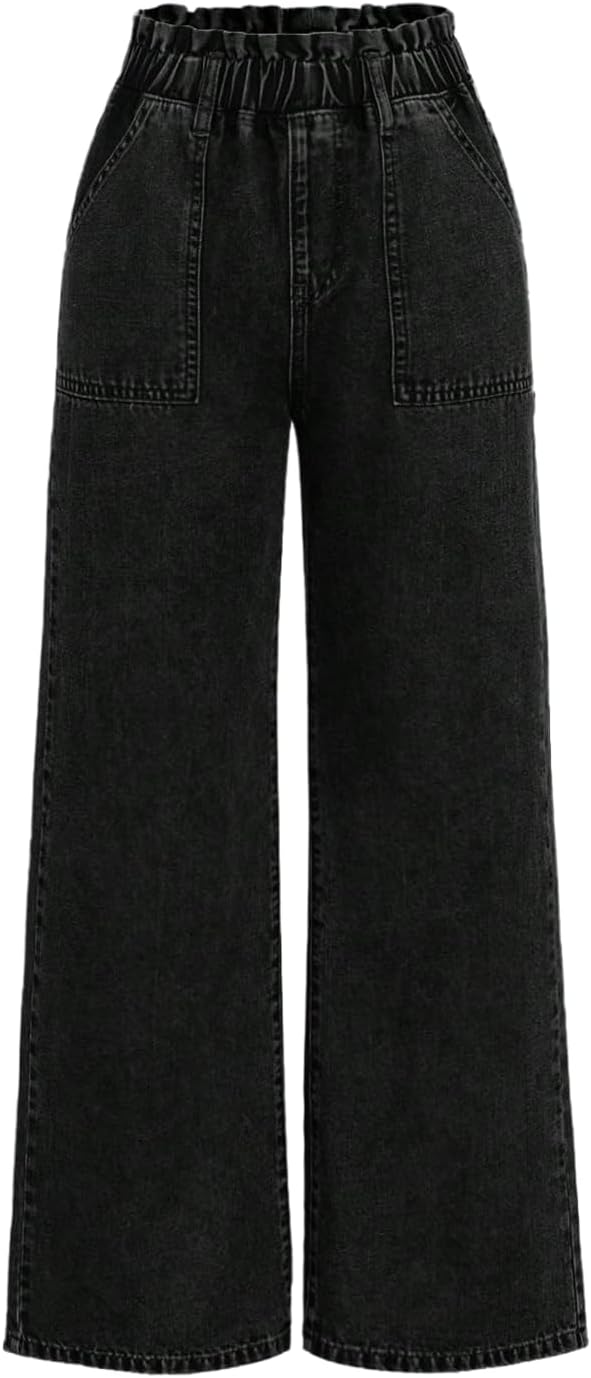 SweatyRocks Girl's Wide Leg Denim Pants Elastic High Waisted Loose Jeans with Pocket
