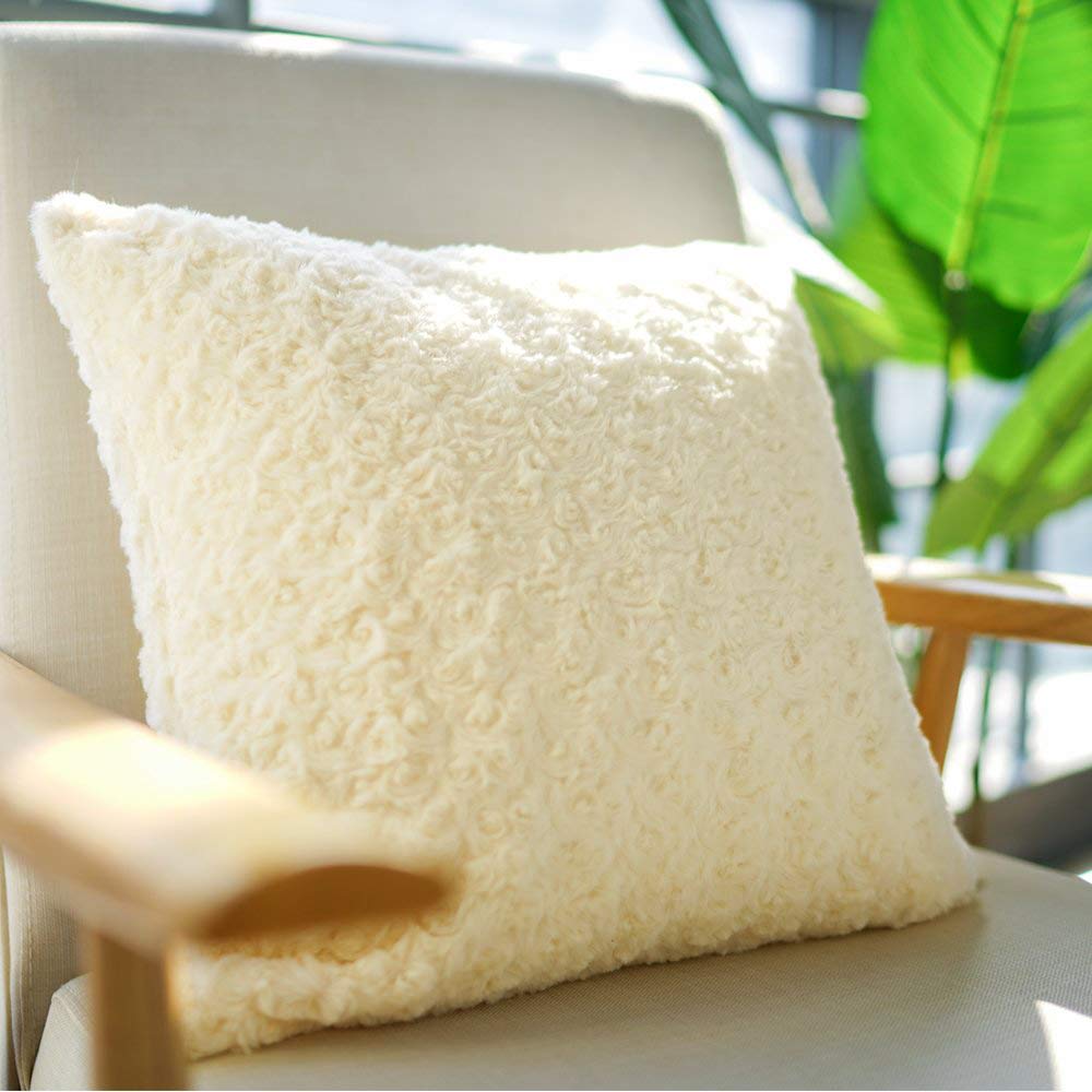 ToGeeKa Soft Plush Solid Color Decorative Throw Pillow Covers Rose Cluster-Like Faux Fur Square Cushion Case for Couch Sofa Bedroom Office Car, 18 x 18 inch (45 x 45 cm), Beige