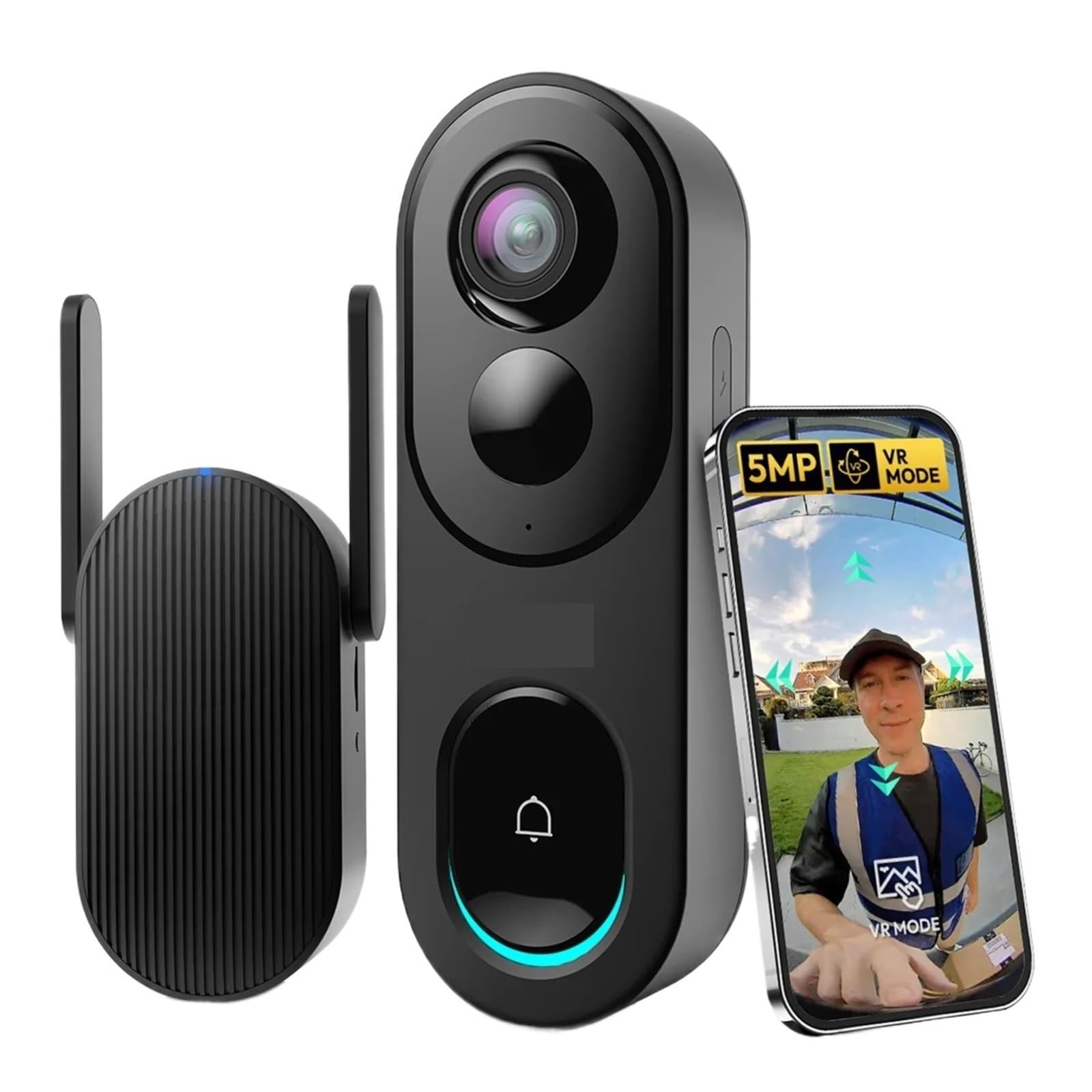 Portero automático. Cámara de Seguridad intelinte con Timbre, Video Digital inalámbrico, Ojo de pez, WiFi, bidireccional, Gran Angular de 180° Videoportero