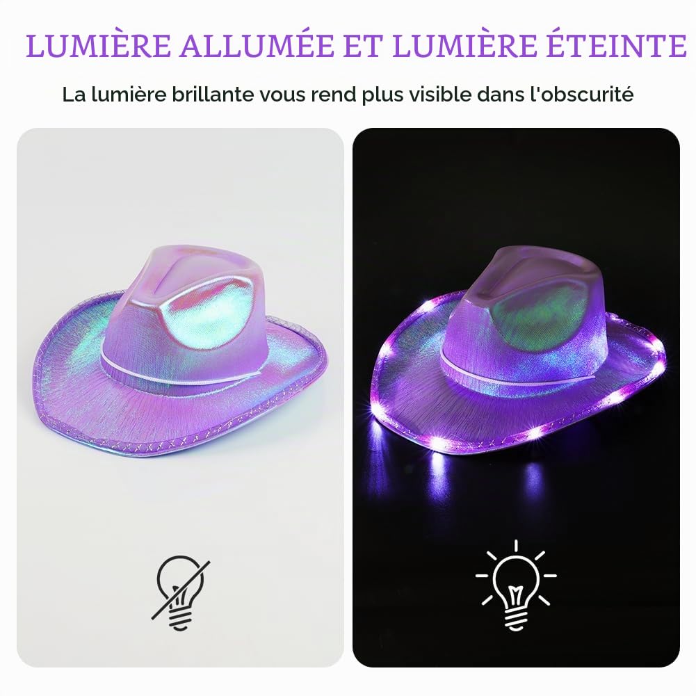 Aomig Chapeau de Cowboy Western Lumineux avec Bord LED Clignotant- Déguisement pour Adultes avec Lunettes de Soleil et Bandana - Accessoires de Costume pour Halloween et Carnaval