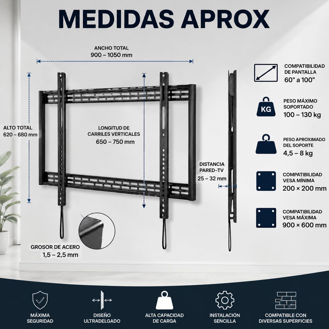 CABLEPELADO - Soporte TV Fijo de Pared 60-100” | Ultra Delgado | Acero Resistente 130 kg | VESA 900x600mm | Compatible con Pantallas Curvas | Negro