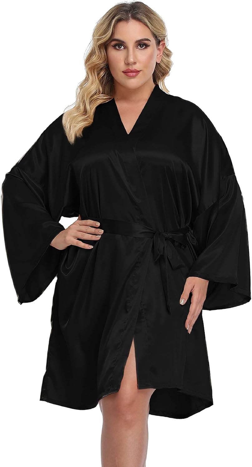Women's Plus Size Satin Kimono Robes Short Silk Bathrobe Bridesmaid Wedding Party Nightgown Sleepwear - Image 2