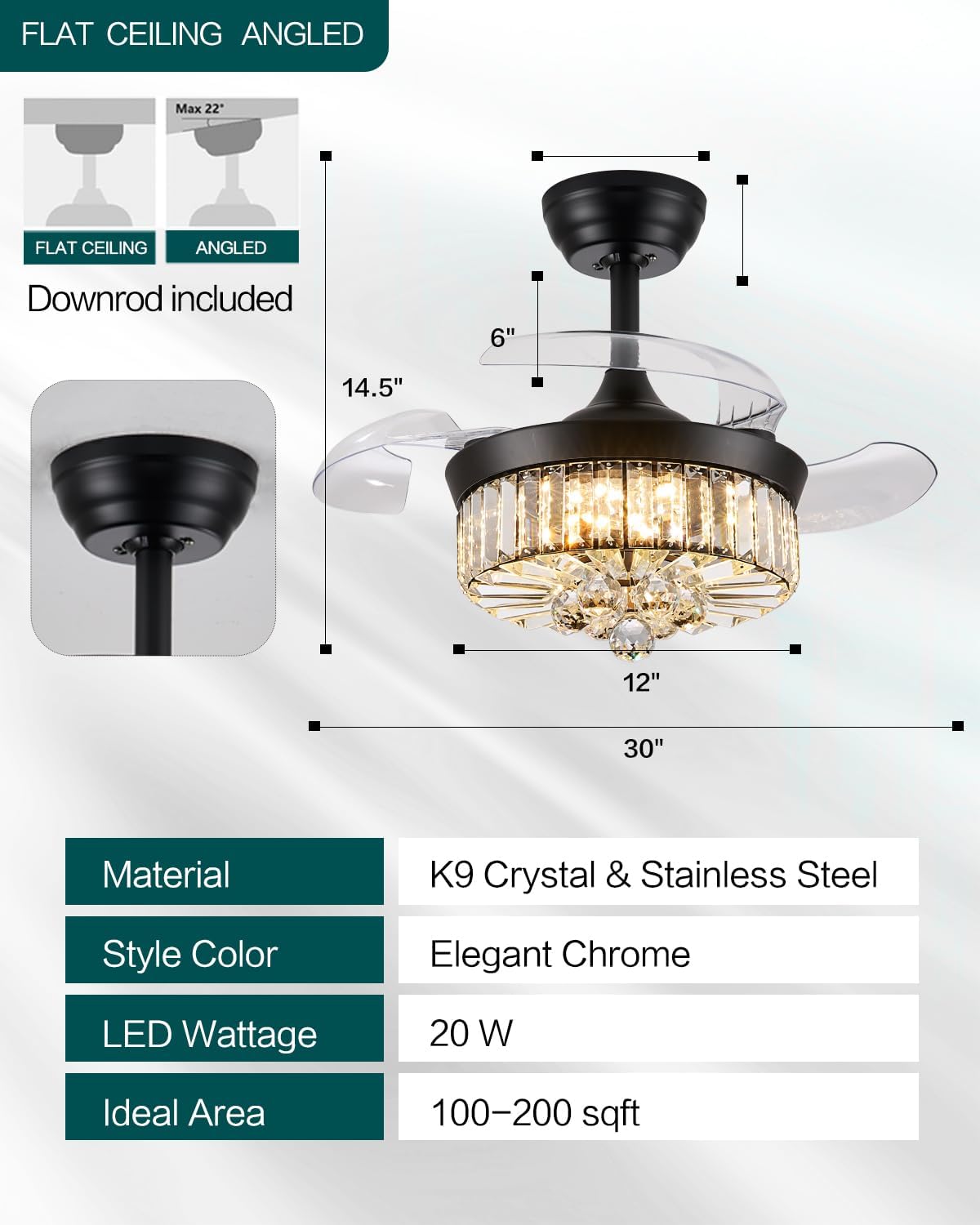 30 Inch Black Crystal Chandelier Ceiling Fan with Lights, Retractable Blade Dimmable Fandelier Ceiling Fans for Bedroom, Living Room
