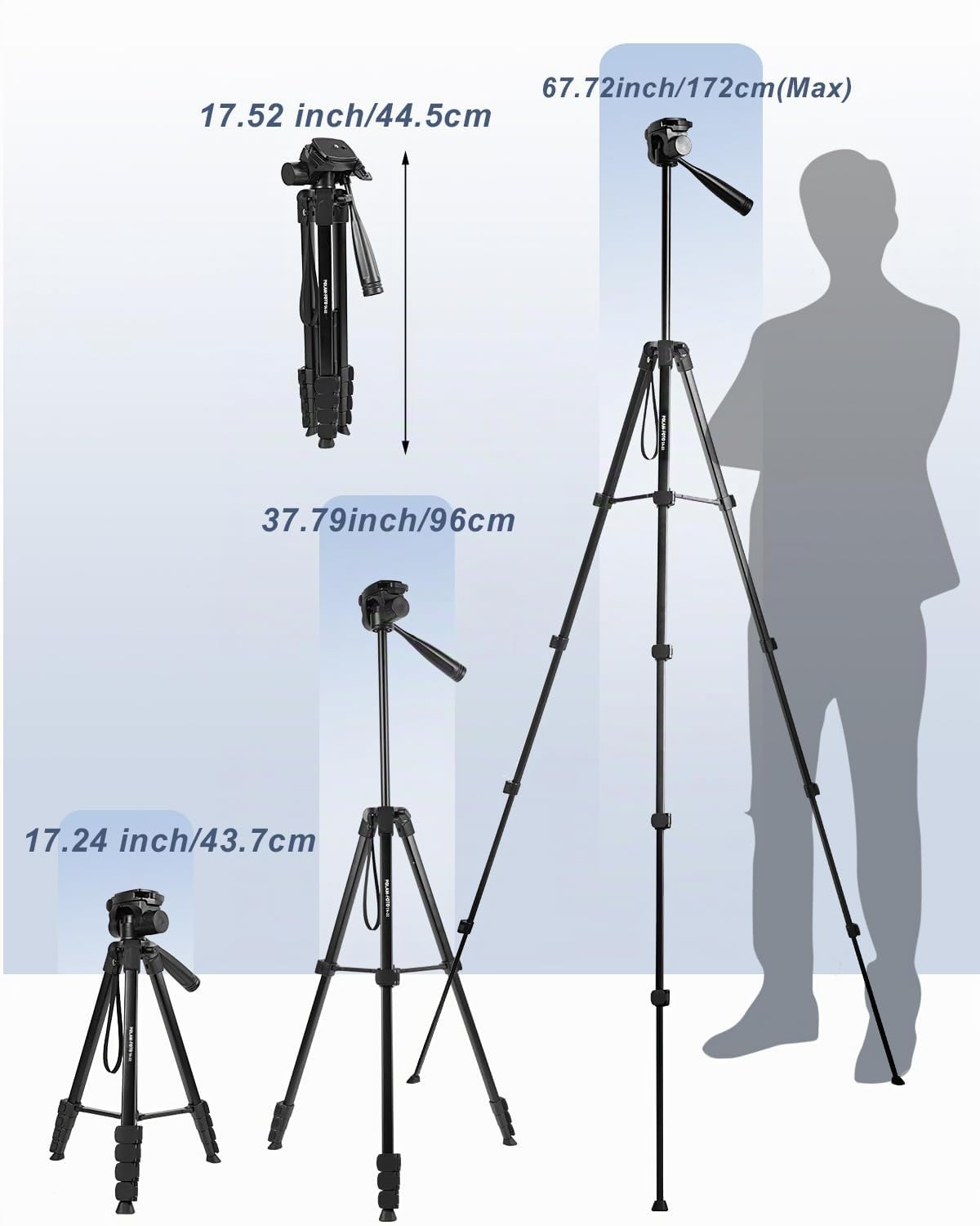 POLAM-FOTO 172 cm Treppiede leggero per smartphone, treppiede in alluminio, con testa panoramica a 3 vie e supporto per cellulare, adatto per smartphone e fotocamere DSLR, nero