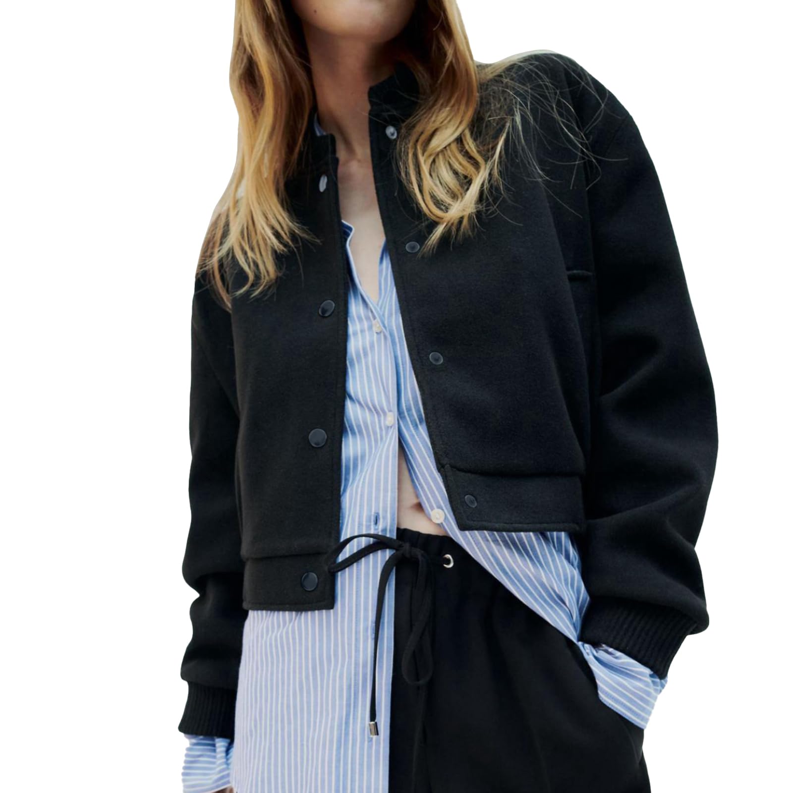 OUTTA BOX Women’s Wool Look Bomber Jacket, Button Up Baseball Coat with Stand Collar, Oversized Casual Outerwear for Autumn Winter Christmas (UK, Alpha, L, Regular, Regular, Black)