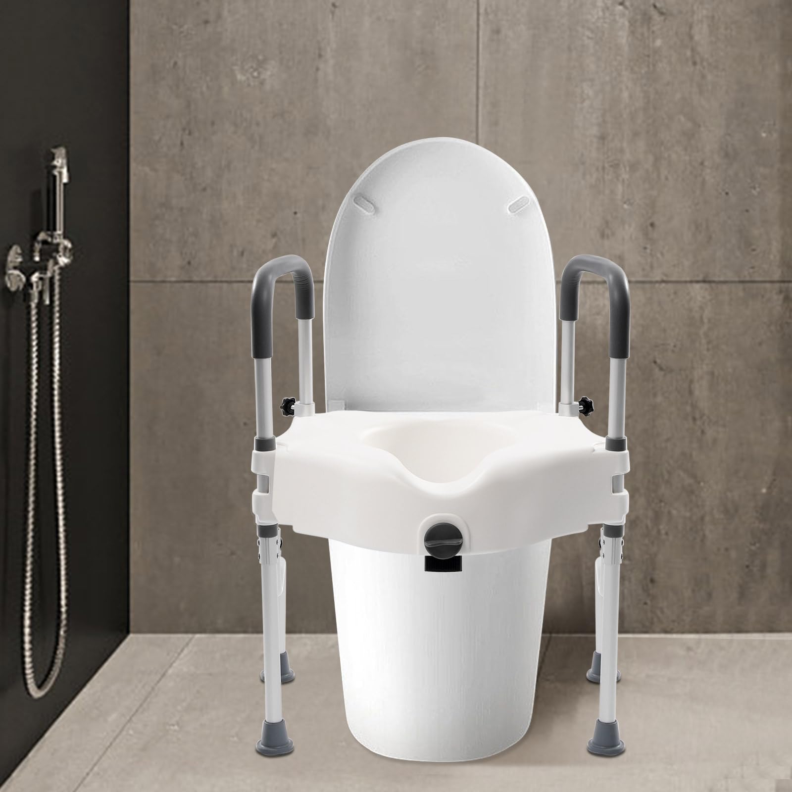 Rialzo per sedile WC con braccioli, 11 cm, rialzo per WC, 150 kg, altezza regolabile per anziani, telaio di supporto per il bagno